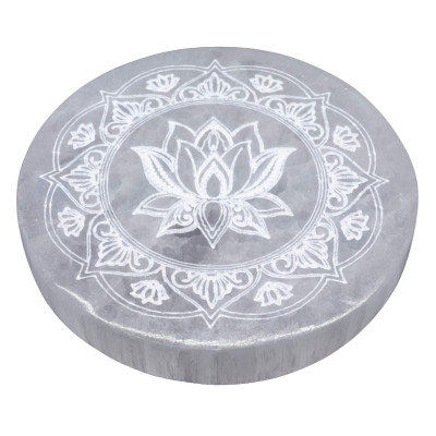 Plaque de sélénite lotus mandala 10 cm