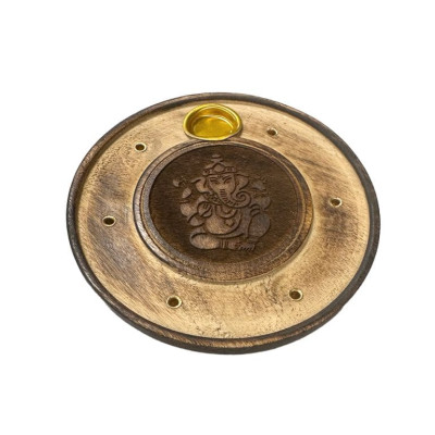 Porte encens ciselé ganesh rond en bois diamètre 10 cm