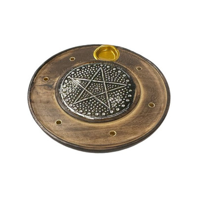 Porte encens rond en bois diamètre 10 cm motif pentacle sur plaque emboutie