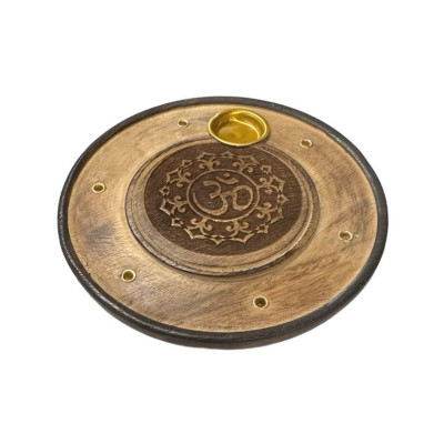 Porte encens motif Om rond en bois diamètre 10 cm