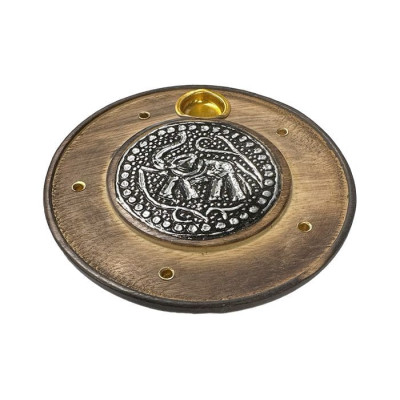 Porte encens rond en bois diamètre 10 cm motif éléphant sur plaque emboutie