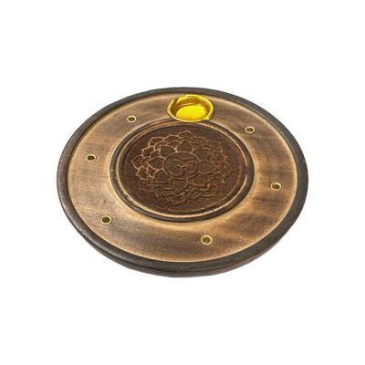 Porte encens motif Om lotus rond en bois diamètre 10 cm