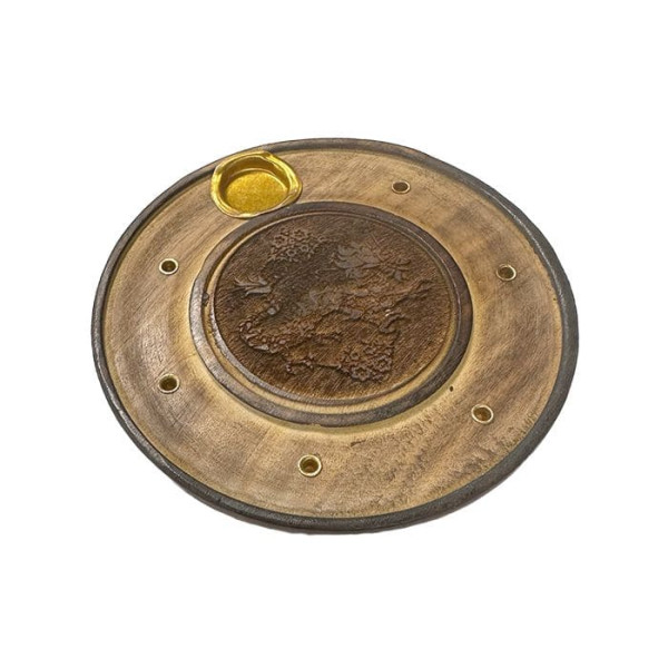 Porte encens motif dragon rond en bois diamètre 10 cm